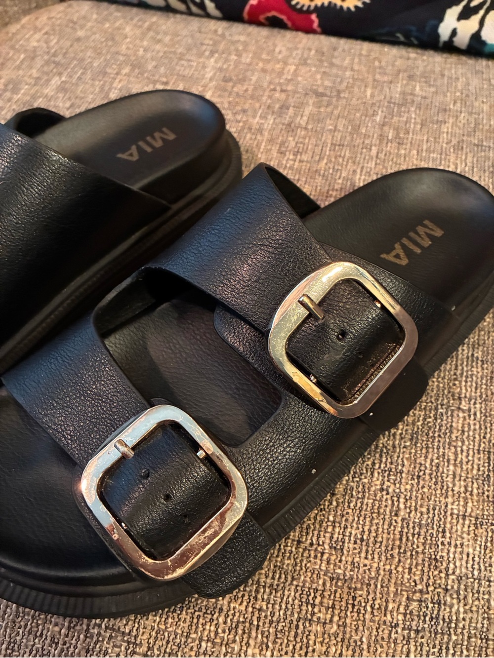 MIA Black Double-Buckle Slide Sandals with Gold Hardware - Picture 3 of 5